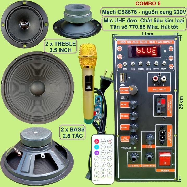 Mạch loa kéo 2.5 tấc đôi CS8676 60W – 120W có nguồn xung 220V kèm Micro đơn hoặc Micro đôi – Bluetooth Karaoke Guitar đi