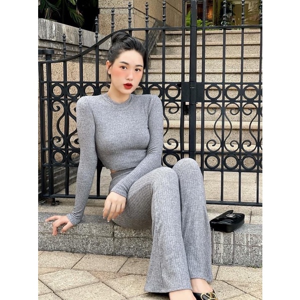 Set Áo Croptop Tay Dài Quần Ống Loe, Set Bộ Áo Croptop Tay Dài