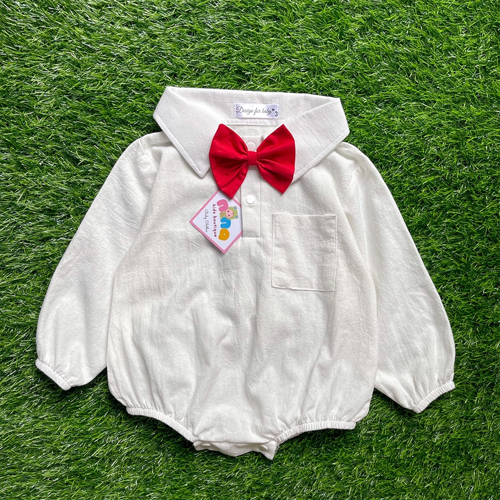 Body dài tay cho bé trai sơ sinh Nina Kids Boutique Đồ em bé trai Size 0 đến 24 tháng Màu trắng Kèm nơ đỏ