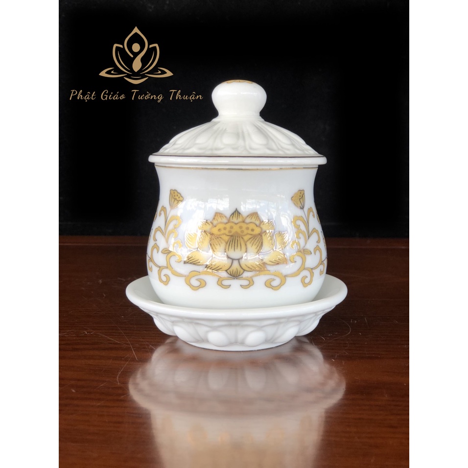 Bộ Thờ Cúng Ly Sen Trắng Phối Chữ Bằng Sứ Cao Cấp - Phật Giáo Tường Thuận
