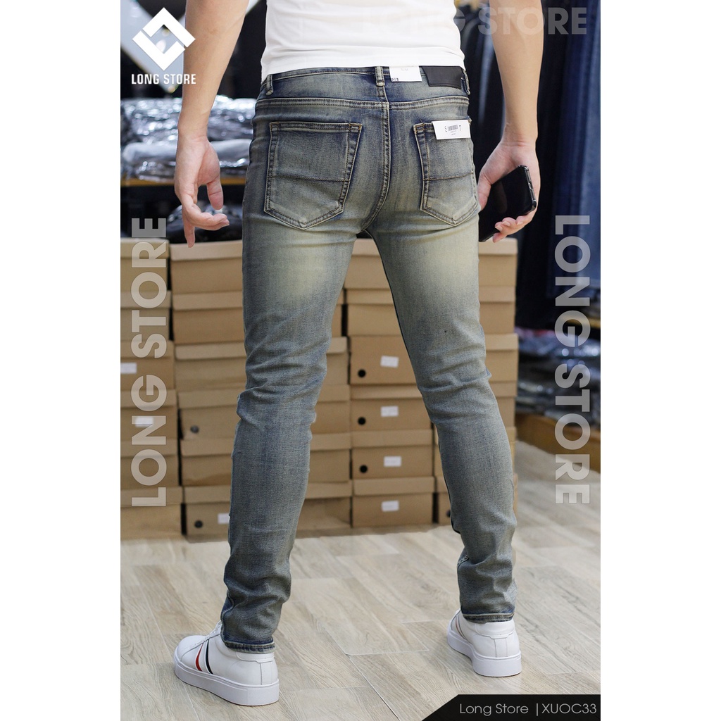 Quần jean nam rách xước cao cấp chất bò co giãn màu xanh nhạt bui ống đứng dáng ôm skinny LONGSTORE Xuoc33