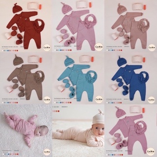  Set sơ sinh cài chéo Cookie thu đông  Quần áo + Yếm + Mũ + bao tay chân  cho bé 