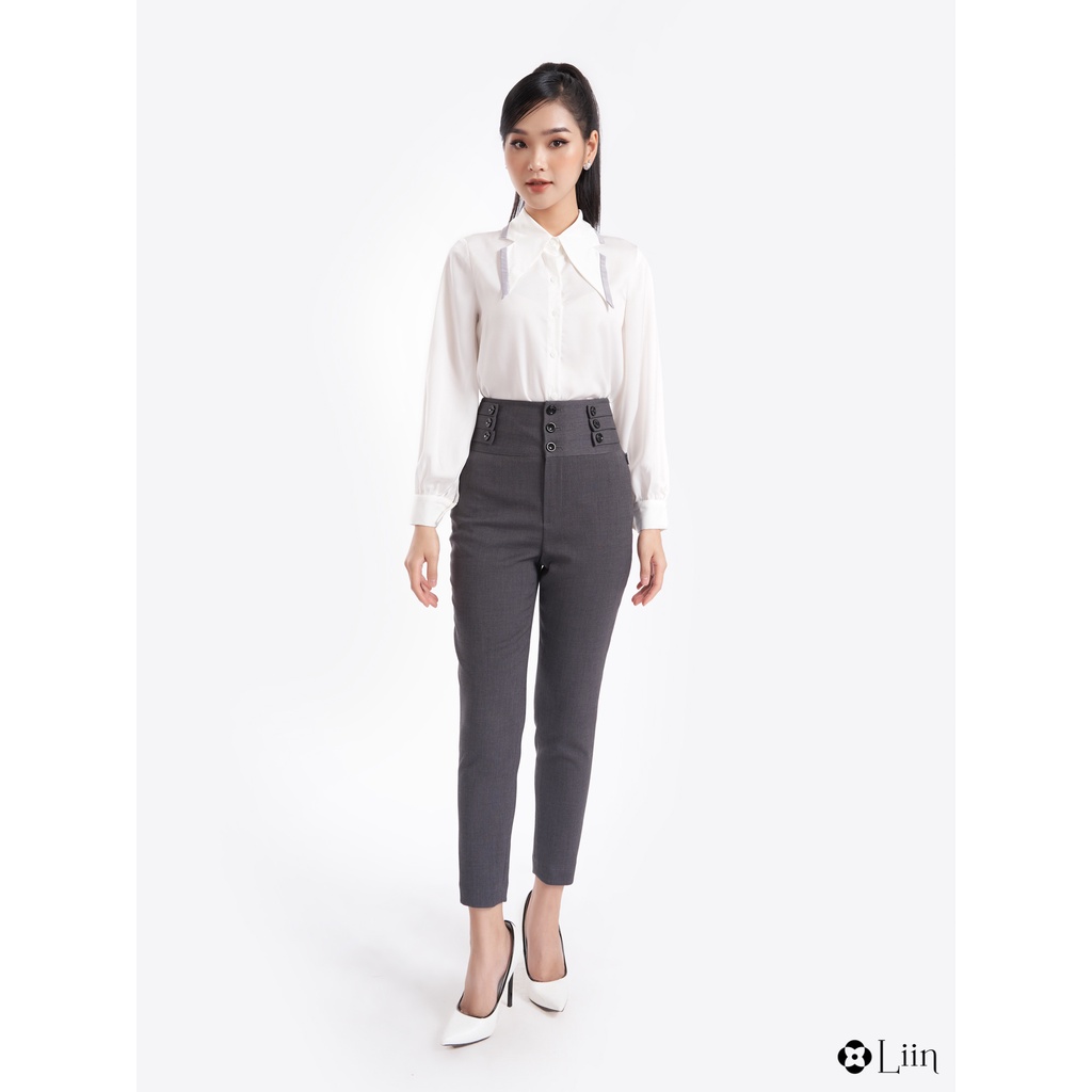 Áo sơ mi Linbi dài tay màu trắng mix viền cổ xanh kiểu dáng công sở thanh lịch liin clothing SM3337