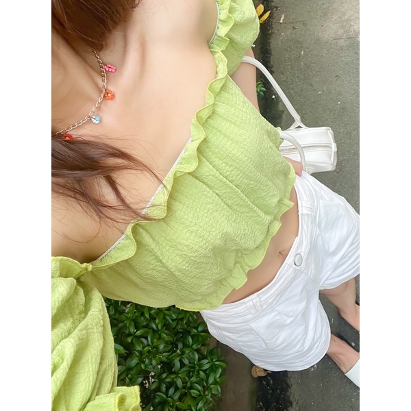 Áo Croptop Trễ Vai Tay Bồng Tiểu Thư Mùa Hè Màu Xanh bơ/Hồng Hot Pink/Đen - Minipie