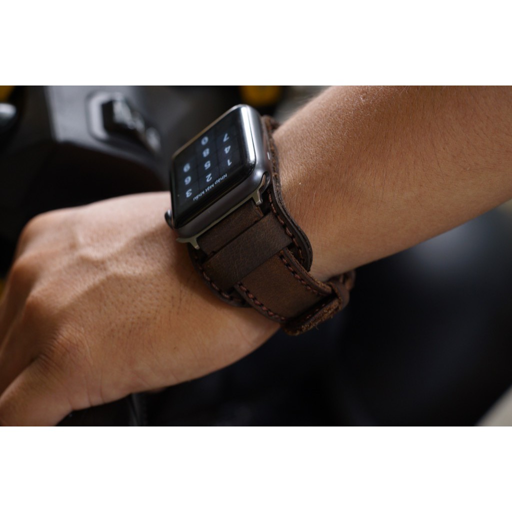 Dây Apple Watch , iWatch , iphone Watch da bò nâu đất kèm tấm đệm chống mồ hôi RAM Leather bundstrap b1