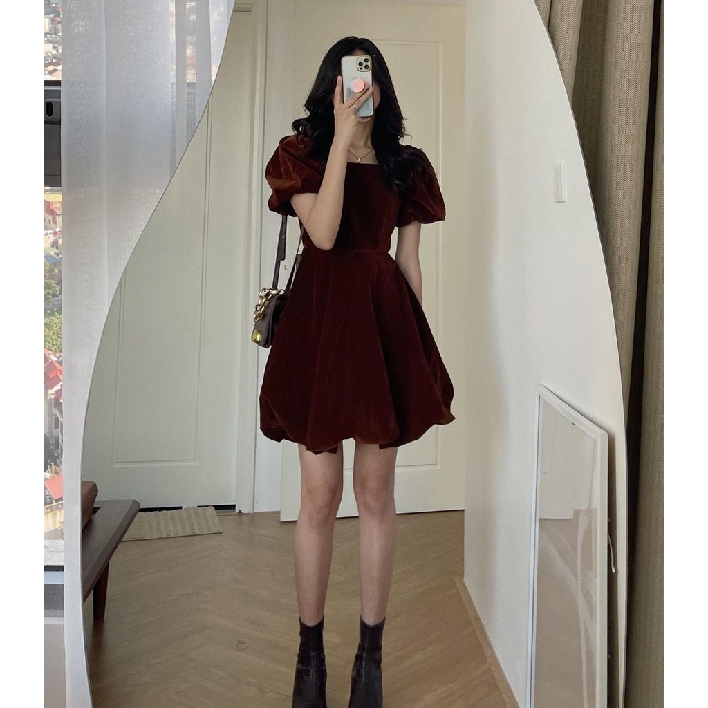 Đầm váy nhung đỏ tay bồng bềnh siêu xinh