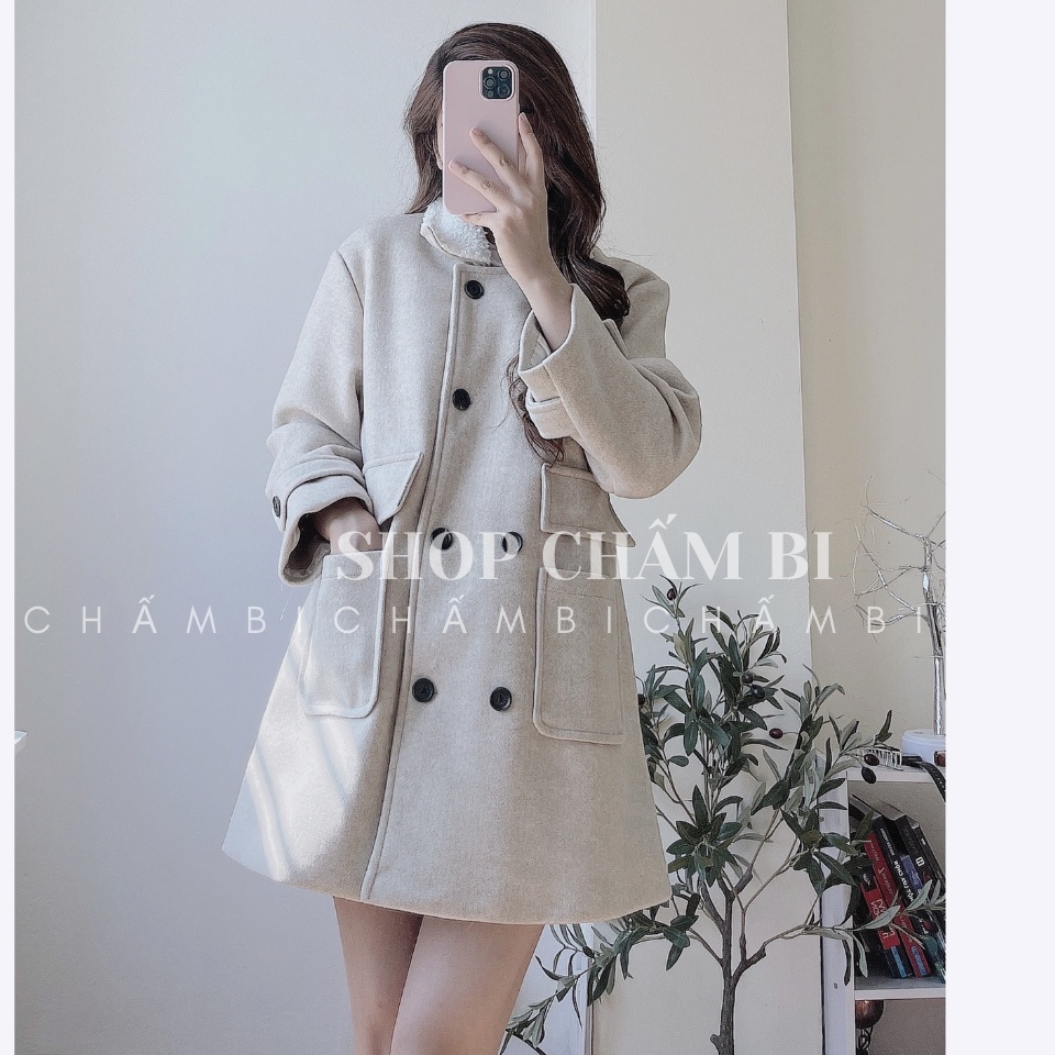Áo khoác mùa đông A.271, Áo khoác dạ 2 lớp dáng dài cổ sen lót lông trắng hai hàng cúc thân và túi hộp cực xinh