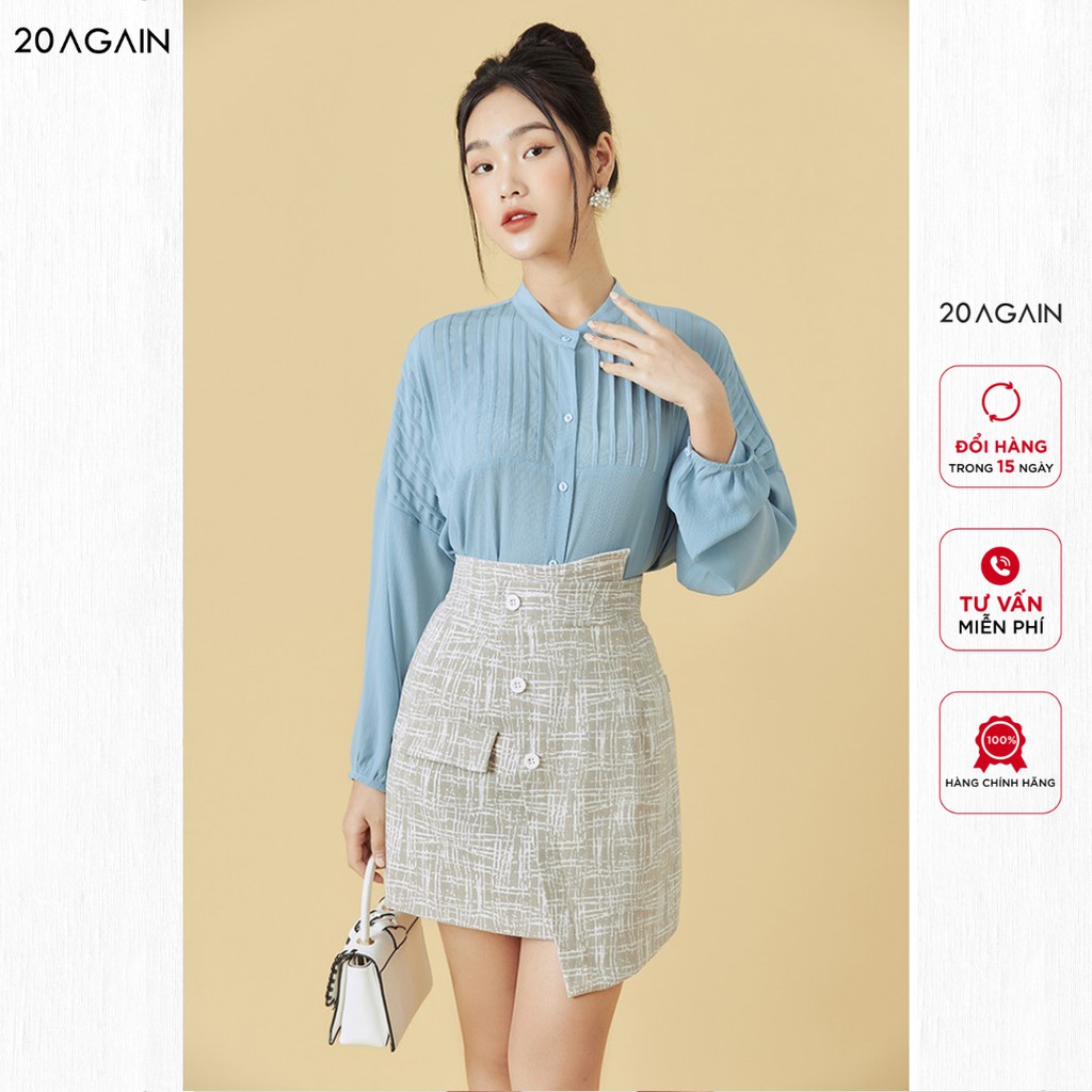 Áo sơ mi nữ dài tay cổ tàu 20AGAIN tay áo bồng chất voan xước cao cấp ASA1720