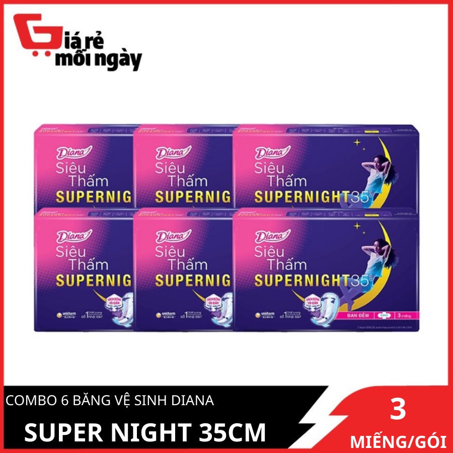 Combo 6 Băng Vệ Sinh Diana Super Night 35cm (Gói 3 Miếng)