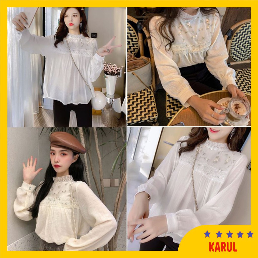 Áo sơ mi thêu hoa nhỏ đứng cổ - áo sơ mi hàn quốc đứng cổ ren