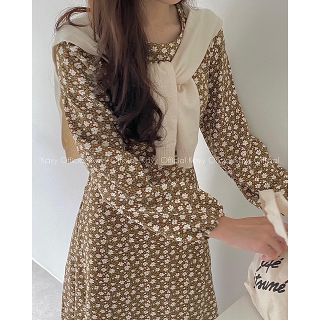 [HÀNG SẴN]VÁY-ĐẦM HOA NHUNG VINTAGE K.ER CỔ TRÒN CÓ DÂY THẮT EO HÀNG QUẢNG CHÂU | BigBuy360 - bigbuy360.vn