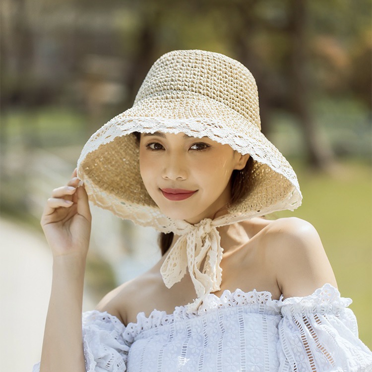 Mũ vành rộng, nón cói đi biển phối ren chống nắng