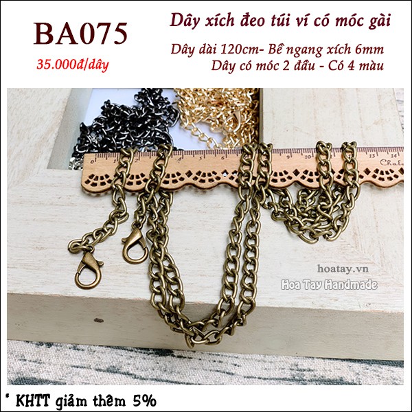 Dây xích 6mm dài 120cm có móc gài BA075- Dây đeo thay thế cho túi ví