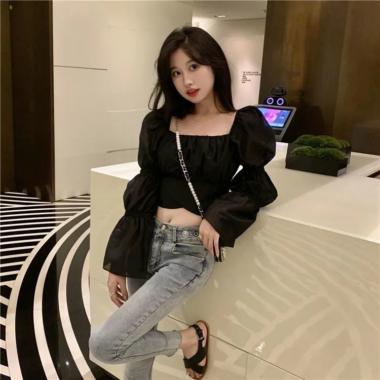 Jiashucheng Áo Kiểu Tay Phồng Dài Hở Rốn Thời Trang Quyến Rũ Cho Nữ