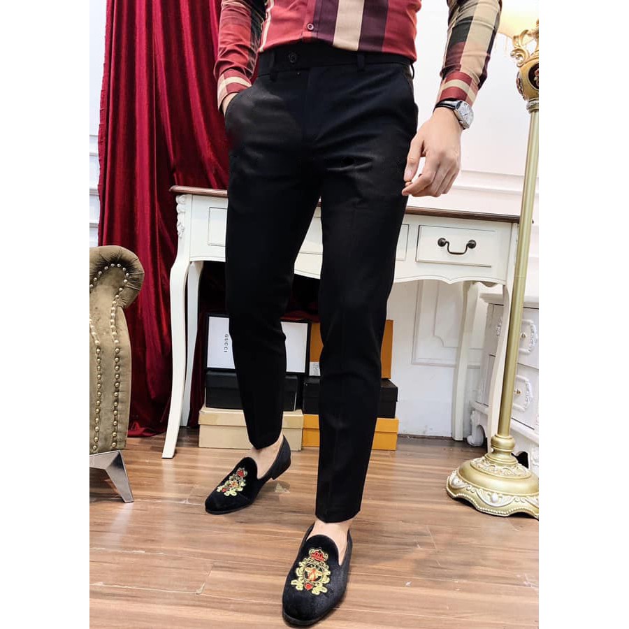 Quần Vải Nam Ống Rộng Cạp Cao Dáng Suông Đứng Đen Chất Vintage Co Giãn 4 Chiều Phong Cách Công Sở