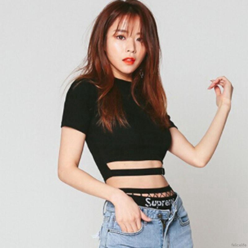 FREESHIP ĐƠN 99K_ Áo Croptop tay ngắn cổ tròn thiết kế quyến rũ