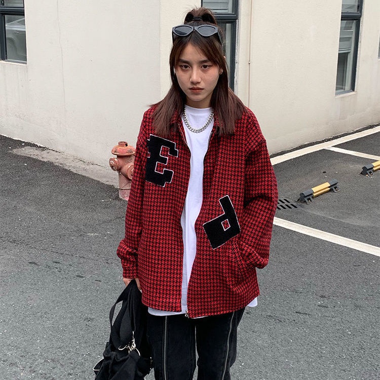 ◎❒◐Áo Khoác Thể Thao Dáng Rộng Thêu Họa Tiết Houndstooth Kiểu Retro Đường Phố Mỹ Dễ Phối Đồ Cho Nữ