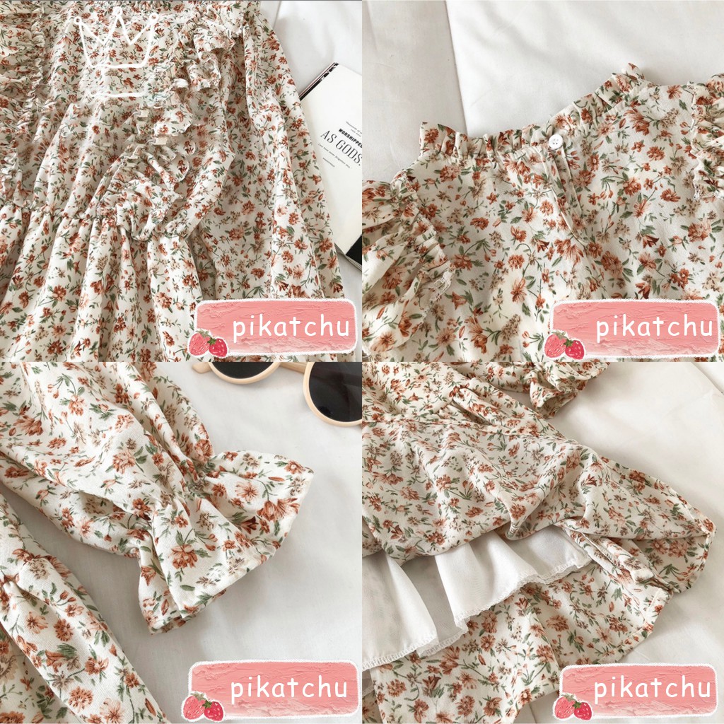 váy hoa nhí vintage, váy hoa nhí dáng xòe cánh tiên viền bèo pikatchu | BigBuy360 - bigbuy360.vn