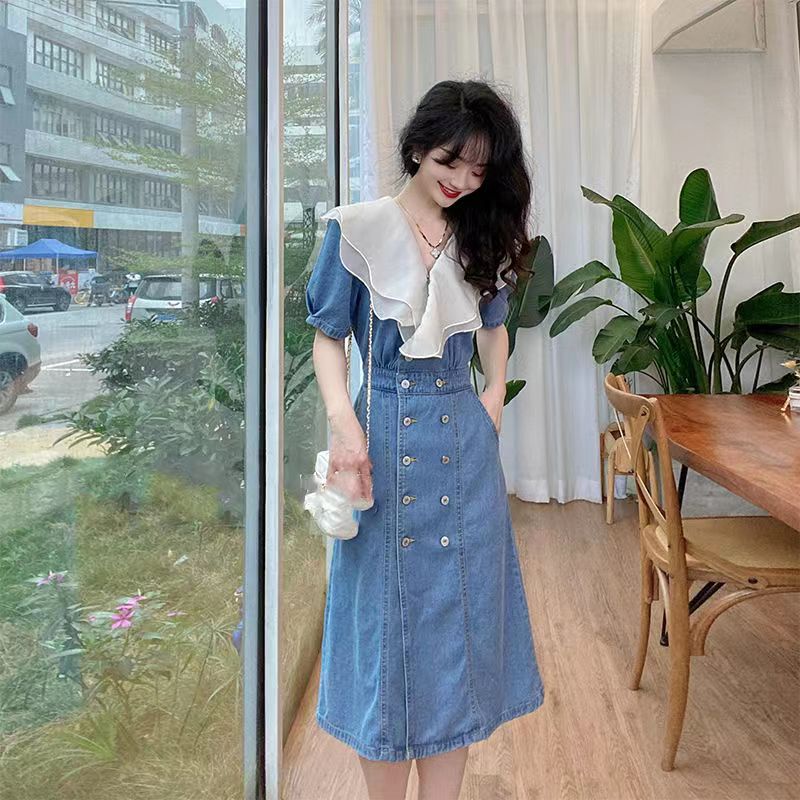 Đầm Jean Dài Cổ Chữ V Tay Ngắn Thời Trang Mùa Hè Dành Cho Nữ