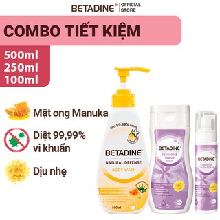 Bộ sữa tắm kháng khuẩn Betadine mật ong diệt 99.99% vi khuẩn 500ml + Dung dịch vệ sinh Tím 250ml + Bọt vệ sinh Tím 100ml