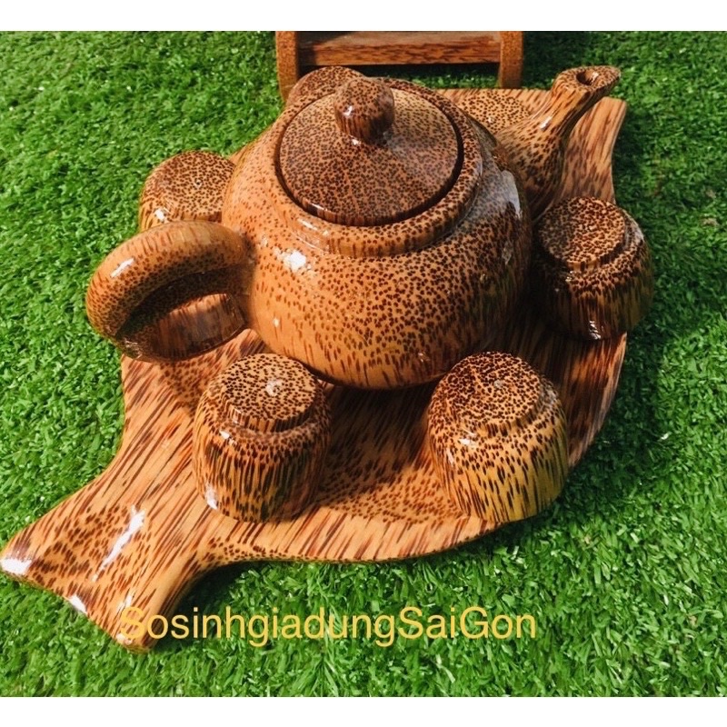 Bộ bình trà khay chiếc lá gỗ dừa Bến Tre