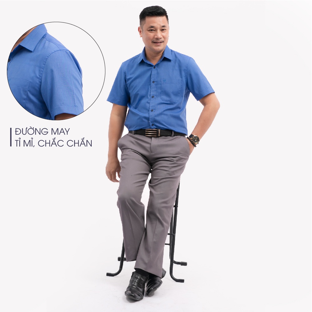Áo Sơ Mi Nam Ngắn Tay Trung Niên ANCHI Màu Xanh Biển Trơn Vải Sợi Tre Cao Cấp