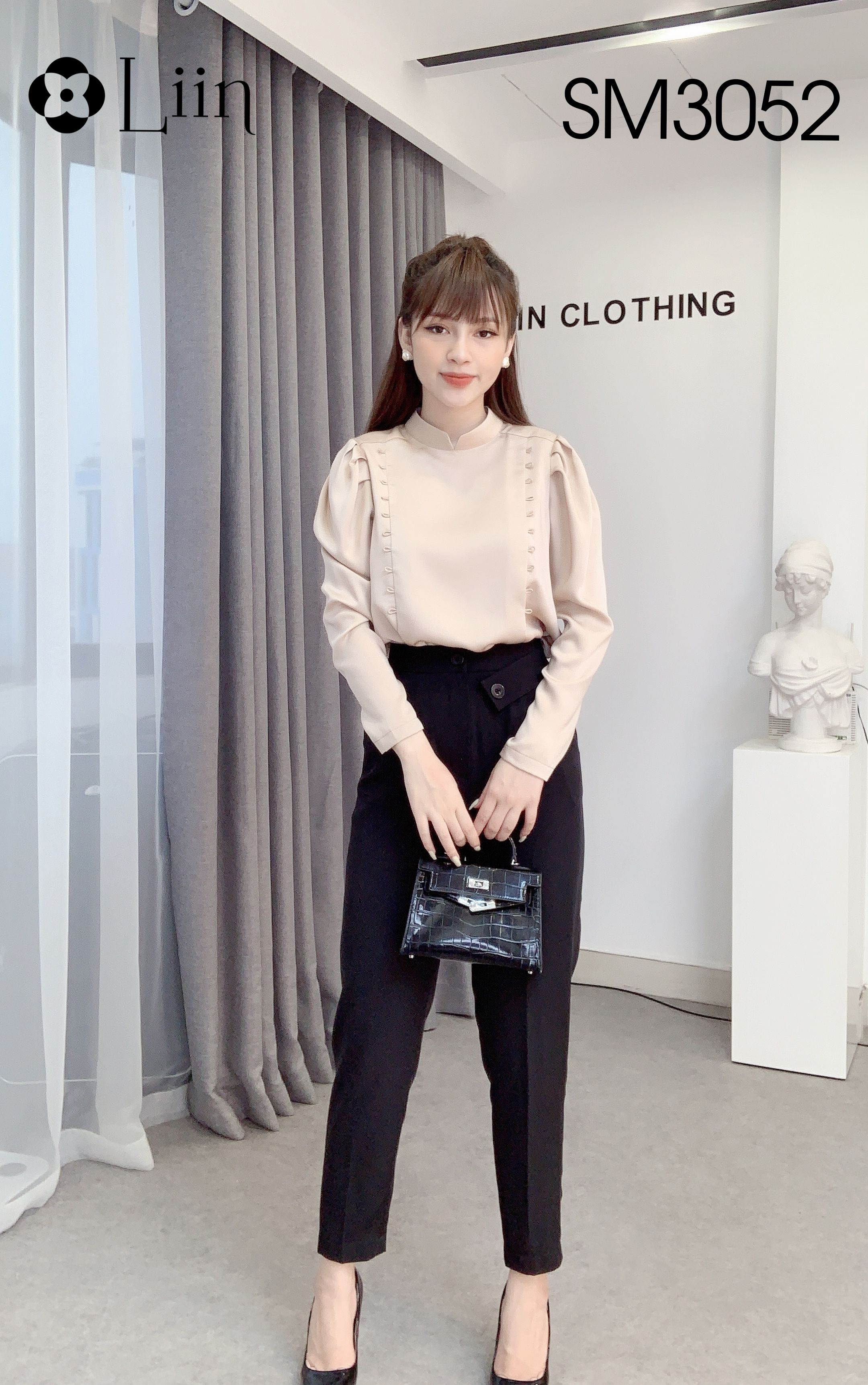 Áo kiểu nữ dài tay đính 2 Hàng Cúc cách điệu cổ tròn Liin Clothing SM3052