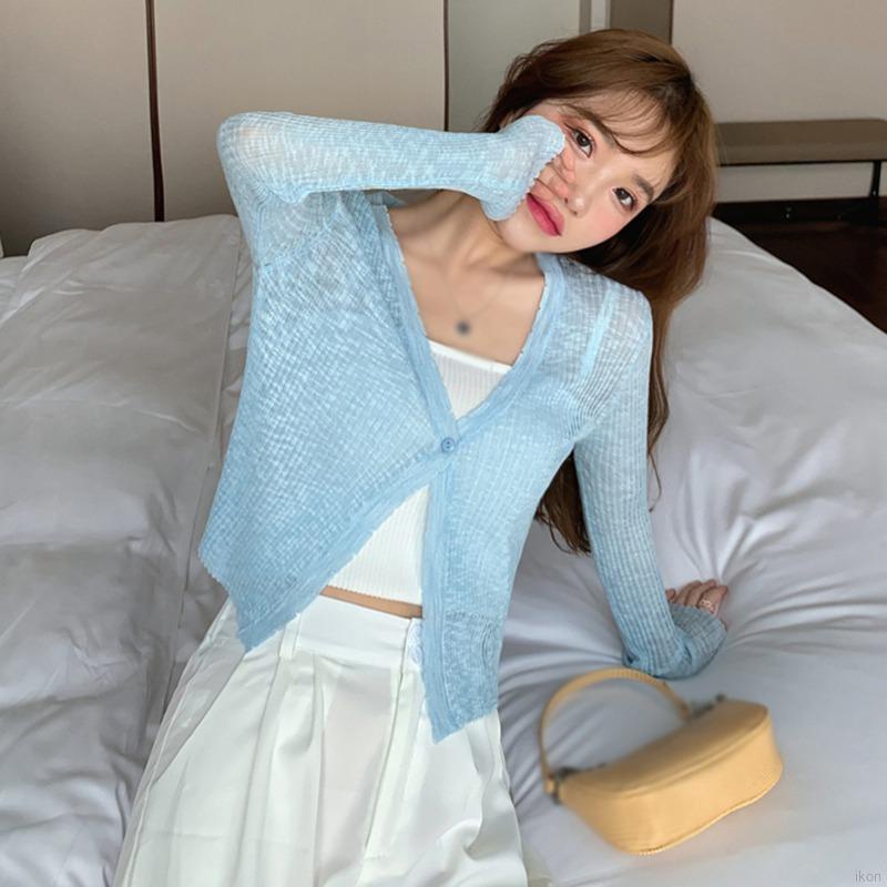 Áo khoác cardigan ngắn cổ chữ V bằng lụa mát thời trang mùa hè cho nữ