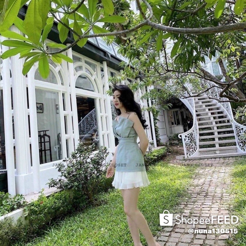 ẢNH THẬT TRẢI SÀN - SET ÁO PEPLUM XANH 2S XẾP NGỰC + CHÂN VÁY TRẮNG DẬP LY