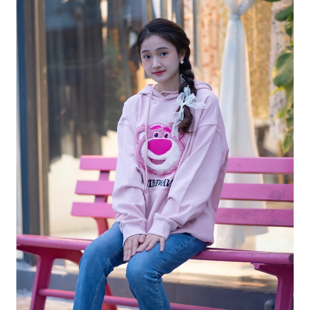 Áo Hoodie Nỉ Unisex Hình Gấu Hồng 🦋 Áo Nỉ Nam Nữ Dáng Thụng Dây Rút 2 Màu 🦋