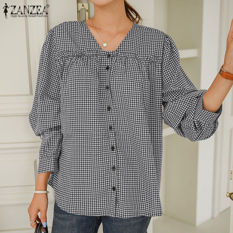 Áo sơ mi Zanzea họa tiết caro tay dài cổ chữ V phong cách retro hàn quốc cho nữ