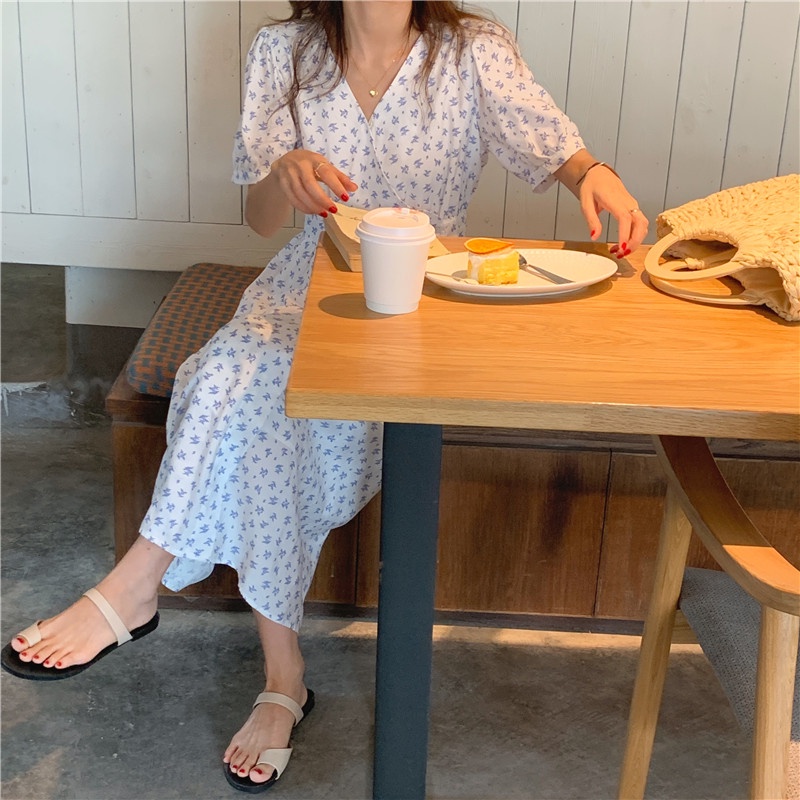 Đầm maxi nữ SUXI tay ngắn cổ chữ V in hoa phong cách Hàn Quốc