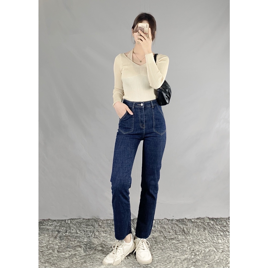 Quần bò ống rộng quần jean bò ống đứng jeans nữ cạp cao ống đứng phong cách Hàn Quốc Q9013 Dora Style