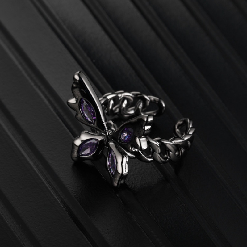 Nhẫn Hở Hình Bướm Màu Đen / Tím Đính Đá Tím Phong Cách vintage Hàn Quốc Thời Trang