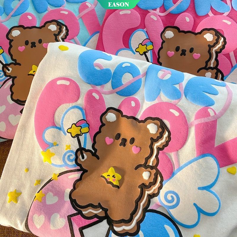Summer Cotton Short-sleeved T-shirt Cute Bear Print T-shirt Loose Casual Couple Short-sleeved T-shirt Sweet Girl【E.A】