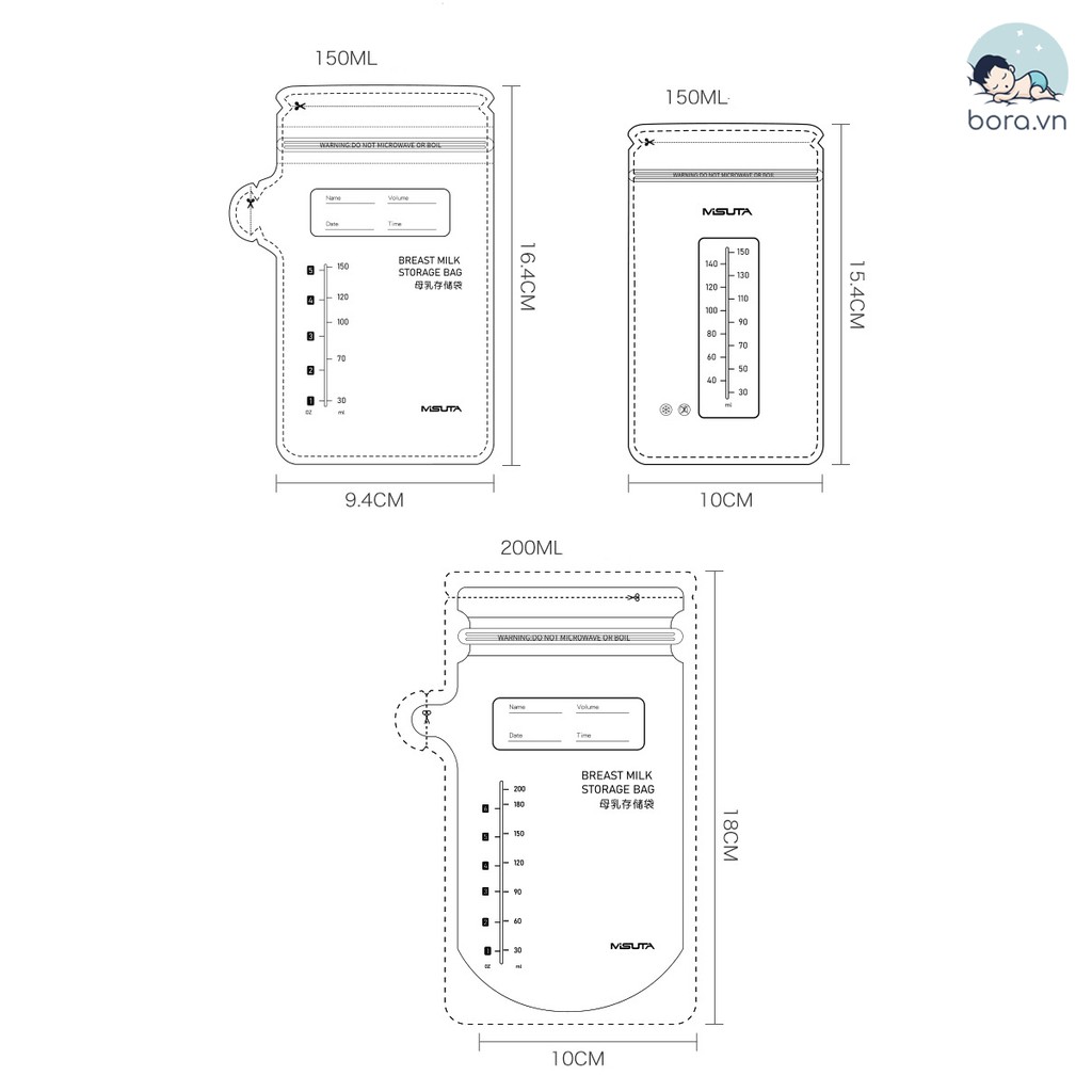 Túi trữ sữa Misuta 150ml 200ml, hộp 30 túi
