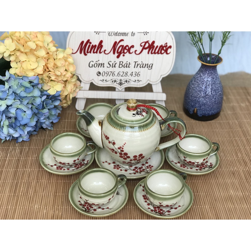 Bộ Ấm trà Sứ Bát Tràng hoa đào đỏ