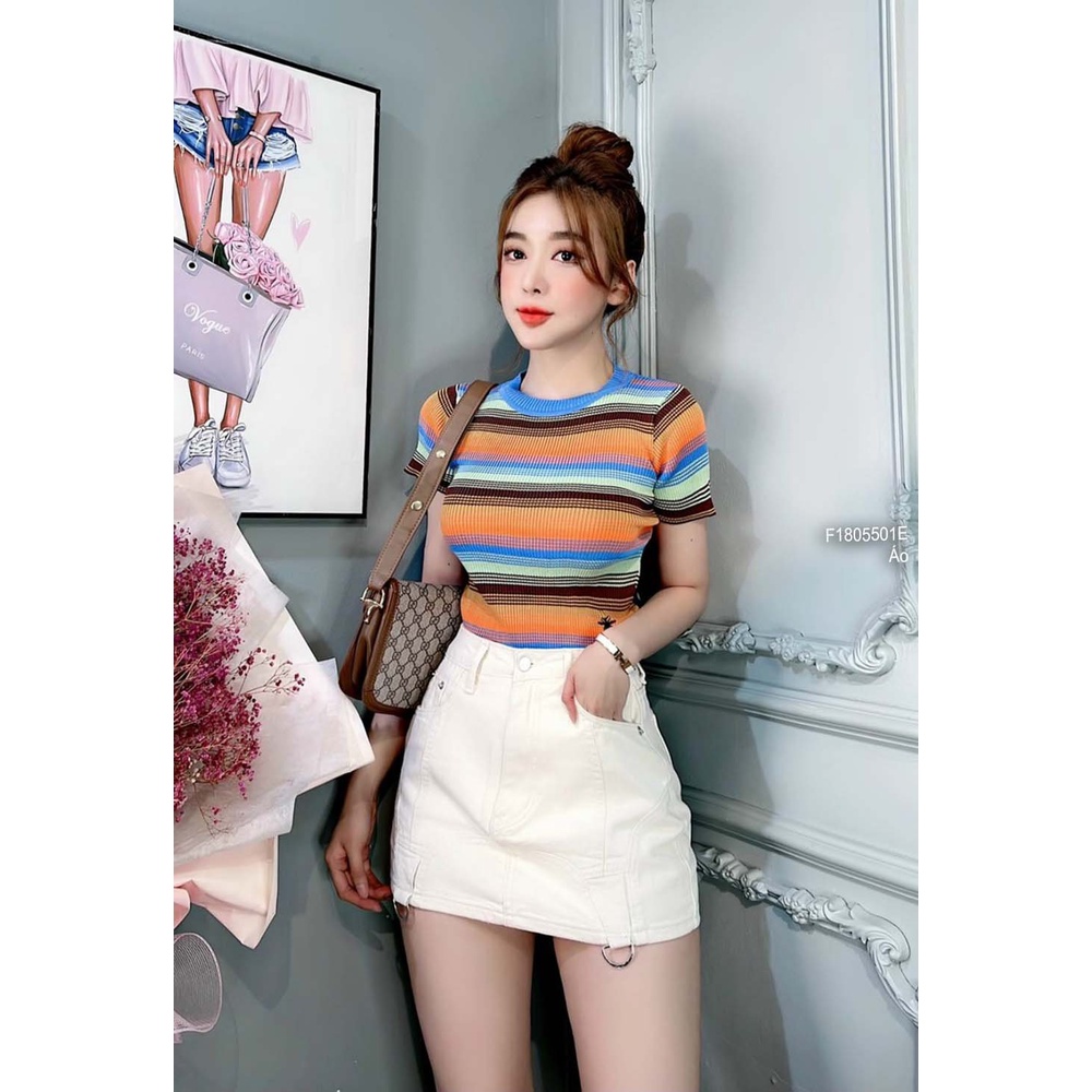 Áo len sọc màu tà thêu ong cổ tròn tay con hàng QC!