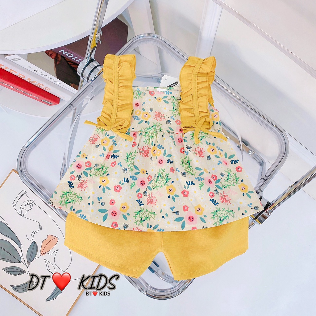 Đồ bộ bé gái size 8 đến 18 kg quần áo họa tiết hoa nhí viền QATE677, Bộ 2 dây bèo vai hoa nhí kèm quần thô cho bé