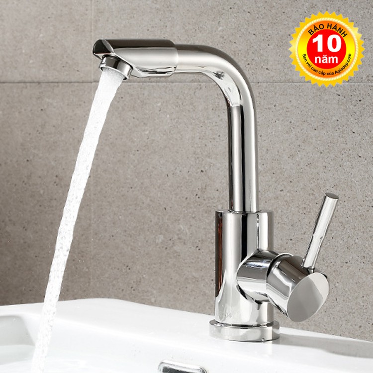 Vòi Lavabo nóng lạnh (cần uốn vuông, đầu xoay 360) SUS304 Bóng - Cao cấp ITALIA (Tặng thêm đôi dây cấp)