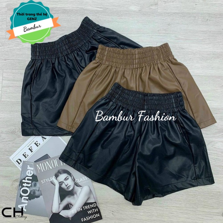 Quần short da nữ Bambur cạp chun lưng cao ngắn đẹp kiểu sooc ngắn cao cấp tôn dáng