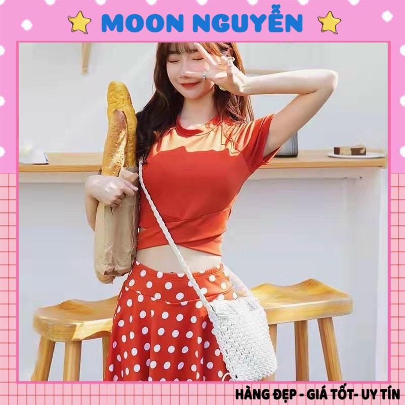 Bộ tắm bộ đồ bơi đi biển bikini chấm bi áo croptop kín đáo 8071