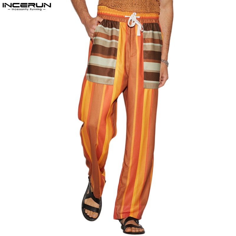 Quần dài INCERUN lưng thun rút dây họa tiết kẻ sọc nhiều màu phong cách cổ điển cho nam