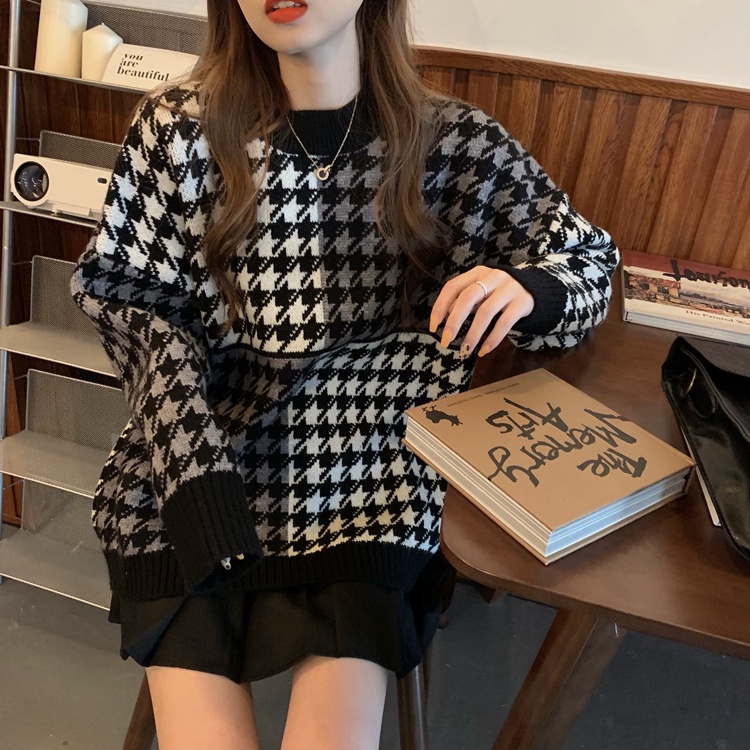 ZHELIHANGFEI Áo Len Tay Dài Họa Tiết Houndstooth Phong Cách Nhật Bản Dễ Phối Đồ