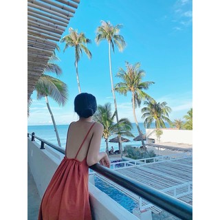 Đầm maxi hở lưng cam gạch