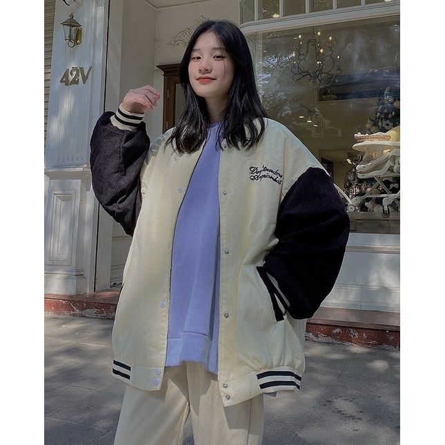 Áo khoác bomber nhung tăm cúc bấm thêu Don't need me form rộng ulzzang - Made by Fiin (có video cận chất)