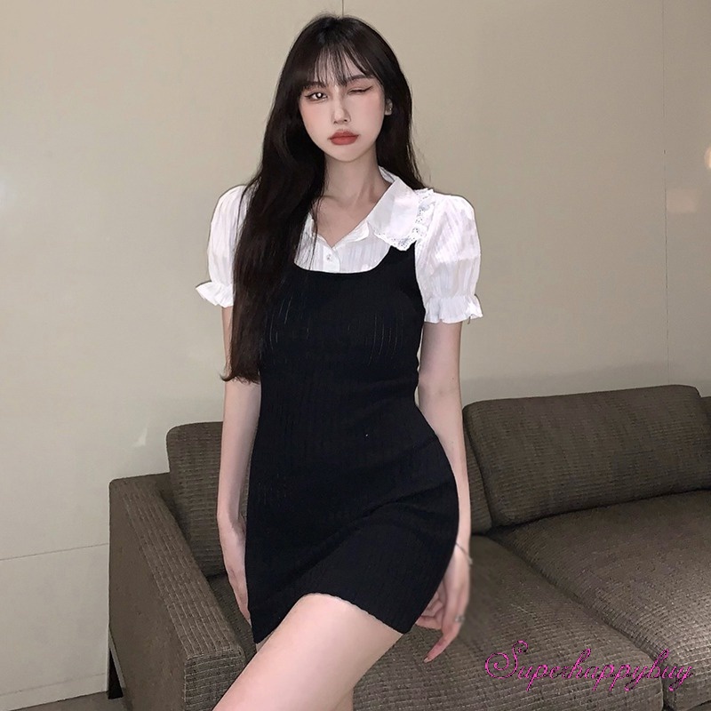 Đầm Ngắn Giả Hai Lớp Cổ Búp Bê Phối Ren Ôm Dáng Cho Nữ