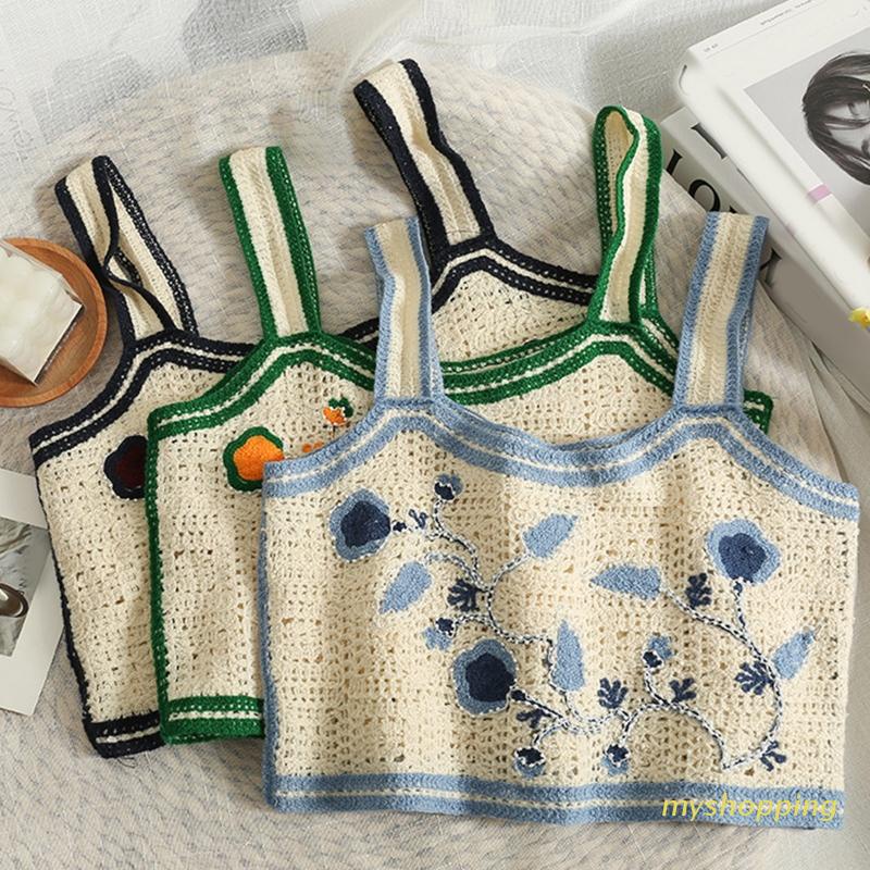 Áo Croptop Dệt Kim Sát Nách Thêu Họa Tiết Hoa Lá Phối Hạt Cườm Thời Trang Cổ Điển Cho Nữ