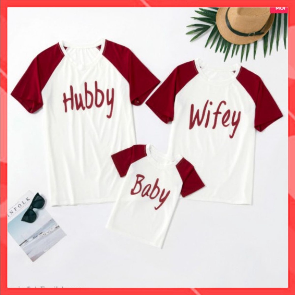 Áo gia đình trắng tay đỏ Hubby Wifey  - Thời trang Familylove   Hàng chuẩn thương hiệu