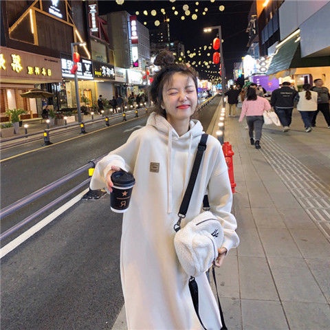 Đầm hoodie tay dài dáng rộng phong cách thu đông thời trang dễ thương cho nữ